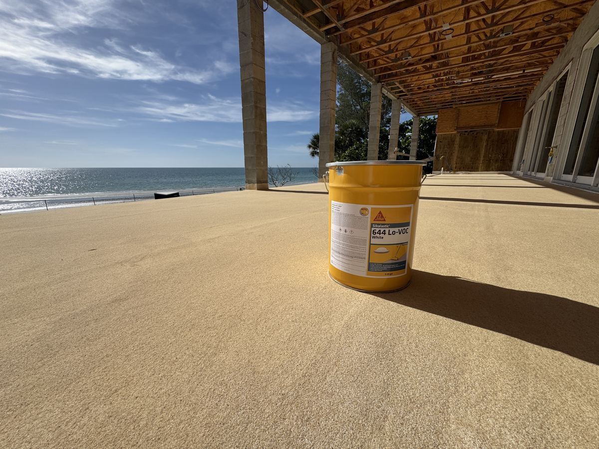 Fluid-applied Sikalastic 644 Lo-VOC deck waterproofing on a Gulf-front elevated balcony, Florida